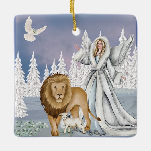 Lion en de Lamb met Angel Keramisch Ornament (Voorkant)