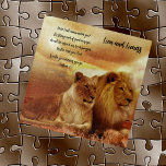 Lion et lionne Jig Puzzle Bible Verse<br><div class="desc">Regal Lion et Lioness puzzle, avec l'écriture Joshua 1:9 "Ne vous ai-je pas commandé? Soyez forts et de bon courage; n'ayez pas peur, ne soyez pas consternés, car le Seigneur, votre Dieu, est avec vous où que vous alliez." Couleurs Arrière - plans de marron et d'or ! Une écriture encourageante...</div>