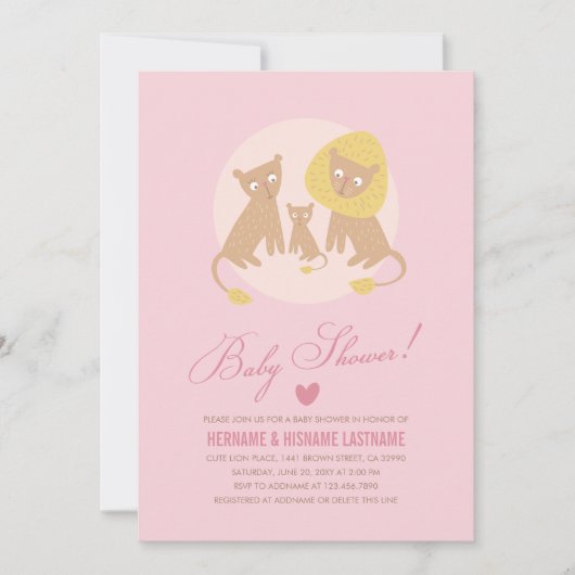 Lion Famille Baby shower rose Invitation rose (Devant)
