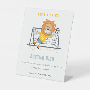 Lion Goalkeeper Voetbal Custom Verjaardagsfeest Reclamebord Met Voetstuk