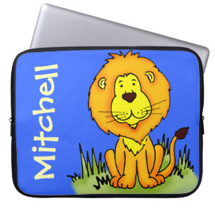Lion grafische voornaam blauwe kinder laptop hoesj sleeve