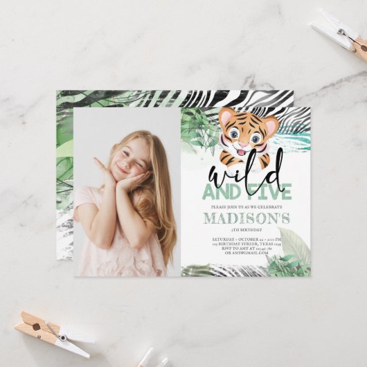 Lion Jungle Cute 5e Anniversaire Photo Invitation (Devant/Arrière en situation)