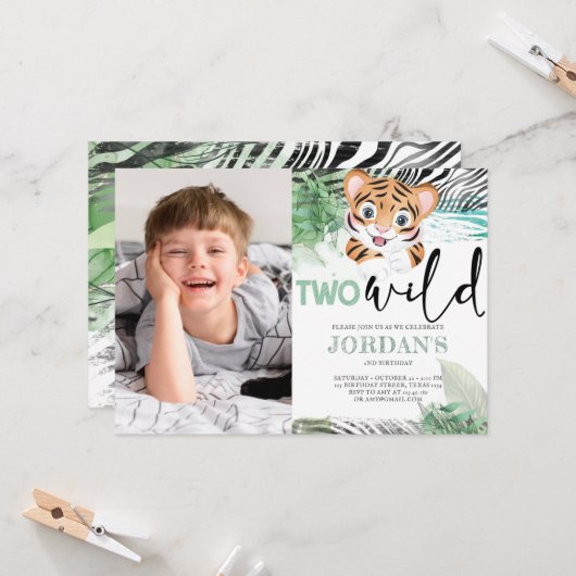 Lion Jungle Cute Second Birthday Photo Invitation (Devant/Arrière en situation)