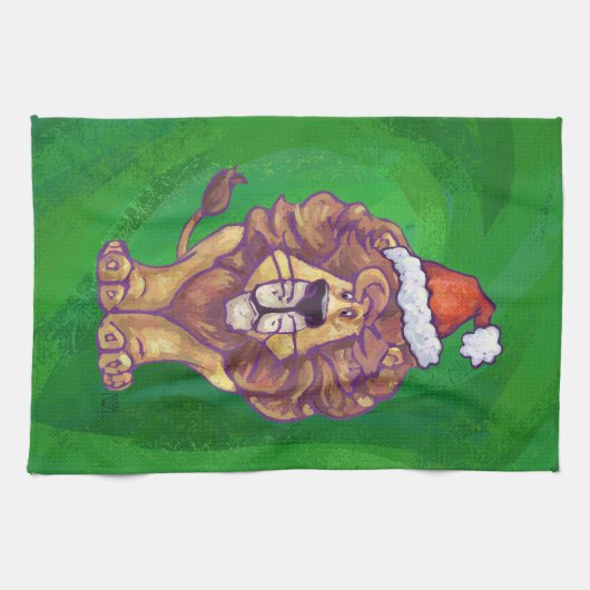 Lion Kerstmis op groen Theedoek (Horizontaal)