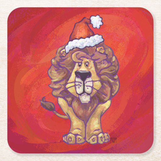 Lion Kerstmis op rood Vierkante Kartonnen Onderzetter (Voorkant)