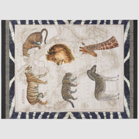 Lion Leopard Zebra Africa  Map Decoupage Tissuepapier (Voorkant)