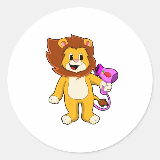 Lion met haardroger ronde sticker (Voorkant)