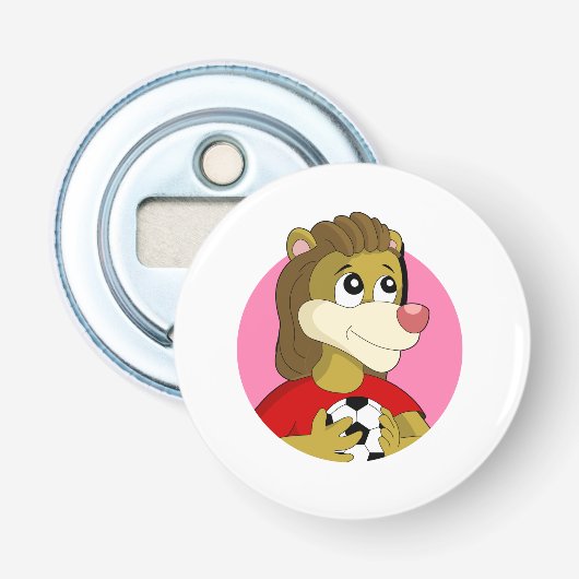 Lion met voetbal cartoon flesopening button flesopener (Voorkant)
