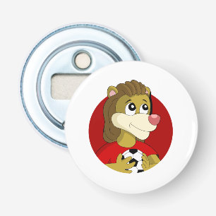 Lion met voetbal cartoon flesopening button flesopener