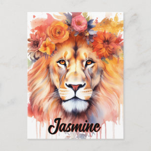 Lion Pastel Flowers Safari Waterverf Savannah Cat Briefkaart