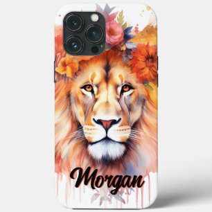 Lion Pastel Flowers Safari Waterverf Savannah Cat iPhone 13 Pro Max Hoesje