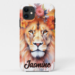Lion Pastel Flowers Safari Waterverf Savannah Cat iPhone 11 Hoesje