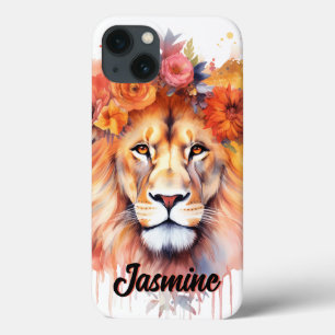 Lion Pastel Flowers Safari Waterverf Savannah Cat iPhone 13 Hoesje