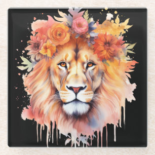 Lion Pastel Flowers Safari Waterverf Savannah Cat Glazen Onderzetter