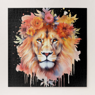 Lion Pastel Flowers Safari Waterverf Savannah Cat Legpuzzel