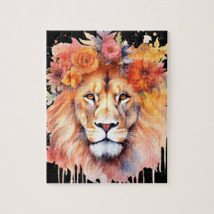 Lion Pastel Flowers Safari Waterverf Savannah Cat Legpuzzel