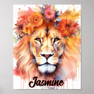 Lion Pastel Flowers Safari Waterverf Savannah Cat Poster