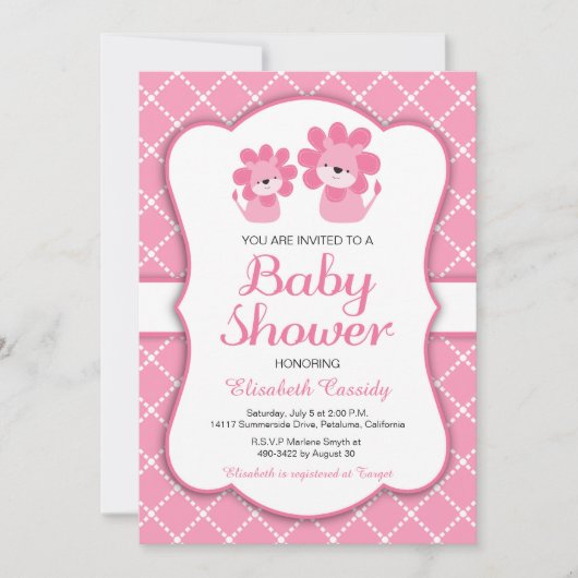 Lion rose, Invitation Baby shower de fille Chevron (Devant)