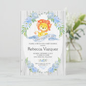 Lion Rustique Blue Floral Baby Shower Invitations (Debout devant)