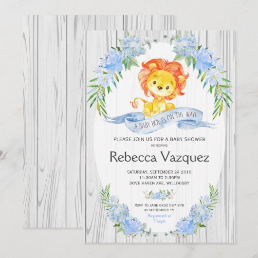 Lion Rustique Blue Floral Baby Shower Invitations (Devant / Derrière)