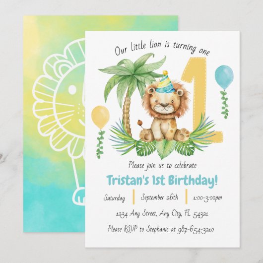 Lion Safari 1st Birthday Invitation (Devant / Derrière)