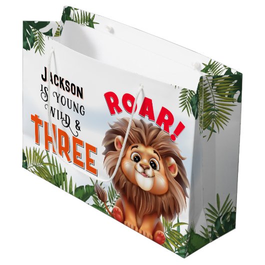 Lion Safari Wild en drie kinderen verjaardagsfeest Groot Cadeauzakje (Voorkant Gekanteld)