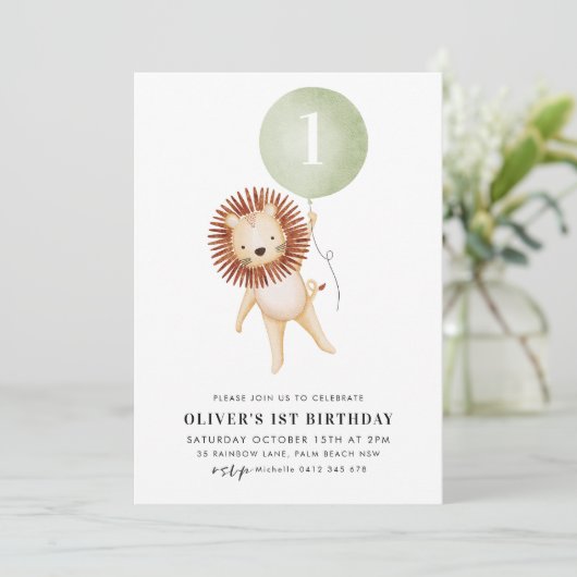 Lion Sage Green Ballon Boys 1e verjaardag Kaart (Staand voorkant)