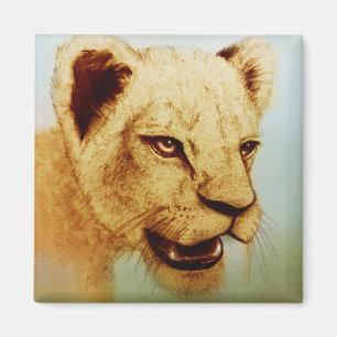 Lion Sauvage, Art Animalier Réaliste Aimant Carré