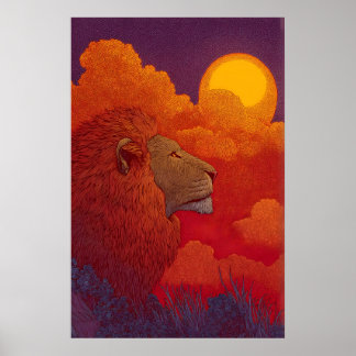 Lion Sunset Wall Art Fiery Mane, Circular Sun Poster