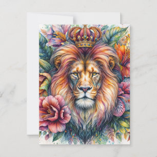 Lion Wearing Crown Floral Waterverf Portret Briefkaart