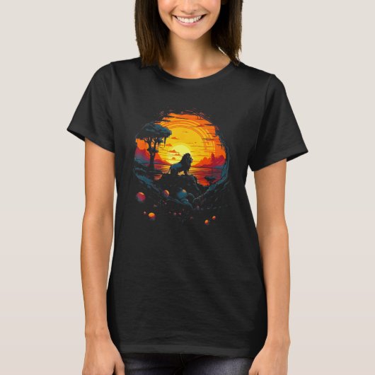 Lion With Sunset Retro Landscape Graphic T-shirt (Voorkant)