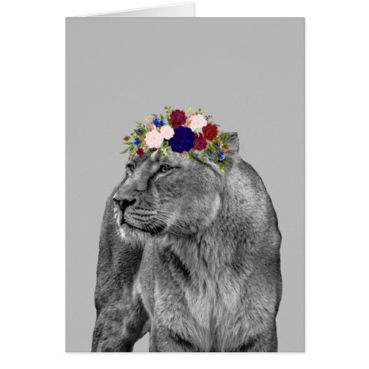 Lioness Lion Animal Girl Couronne Fleur Noir Blanc (Devant)