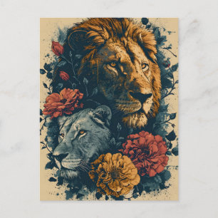 Lions et fleurs : Carte postale Vintage