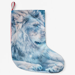 Lionsneeuw die op een kunstdier ligt kleine kerstsok