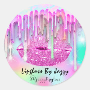 Lipgloss Makeup Packaging Pink Drip Holografen Dri Ronde Sticker