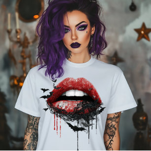 Lippen met zwarte kant en vleermuizen t-shirt