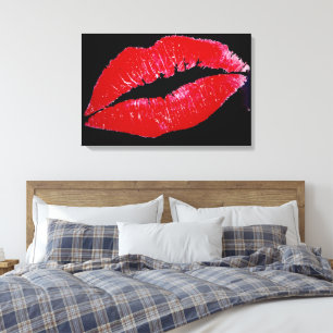 Lippen (rood) op zwarte achtergrond verpakt canvas afdruk