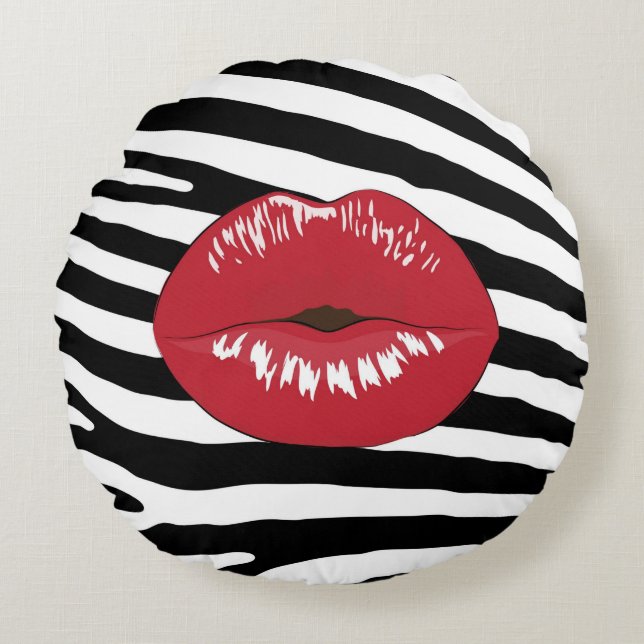 Lips kus mode schoonheidsmap keuglamour zebra rond kussen (Voorkant)