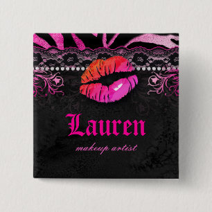 Lips Lace in Diamonds Zebra Makeup Artist Pink Org Vierkante Button 5,1 Cm