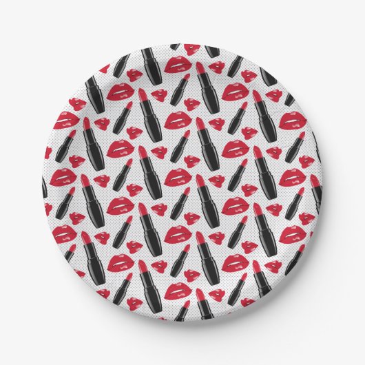 Lipstick en lips poka dot patroon papieren bordje (Voorkant)