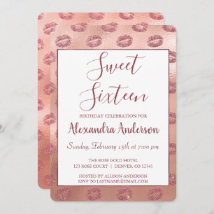 Lipstick Kisses Roos Gold Sweet Sixteen Birthday Kaart