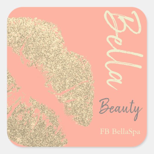 Lipstick kus print perzik goud beauty spa schoonhe vierkante sticker (Voorkant)