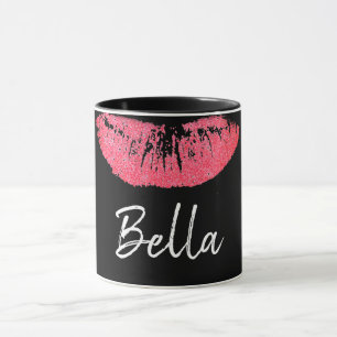 Lipstick print roze lip vlek zwart en wit mok