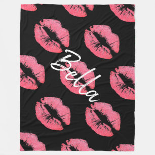 Lipstick print roze lip vlek zwart wit schattig fleece deken
