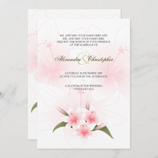 Lis roses et blancs épousant le faire-part (Devant / Derrière)