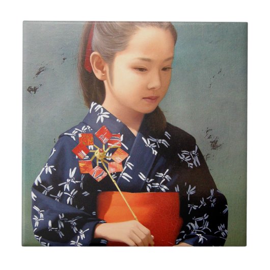 LIschattig japans meisje kimono portret schilderen Tegeltje (Voorkant)