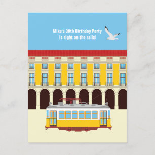 Lissabon gele tram retro verjaardagsfeestje uitnodiging briefkaart