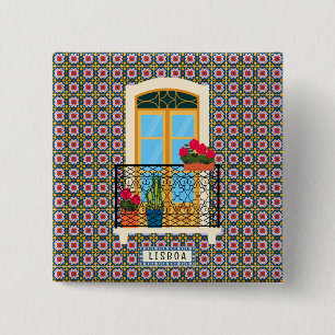 Lissabon huisraam met planten en tegels vierkante button 5,1 cm
