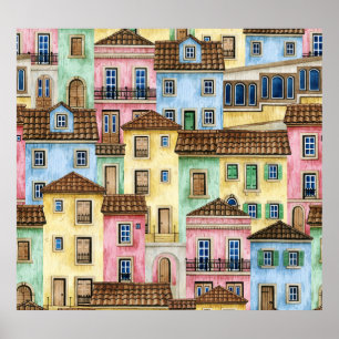 Lissabon Huizen: Waterverf kabelbaan. Poster
