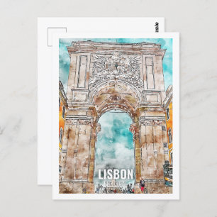 Lissabon Portugal Beroemde Reisplaats Waterverf Briefkaart